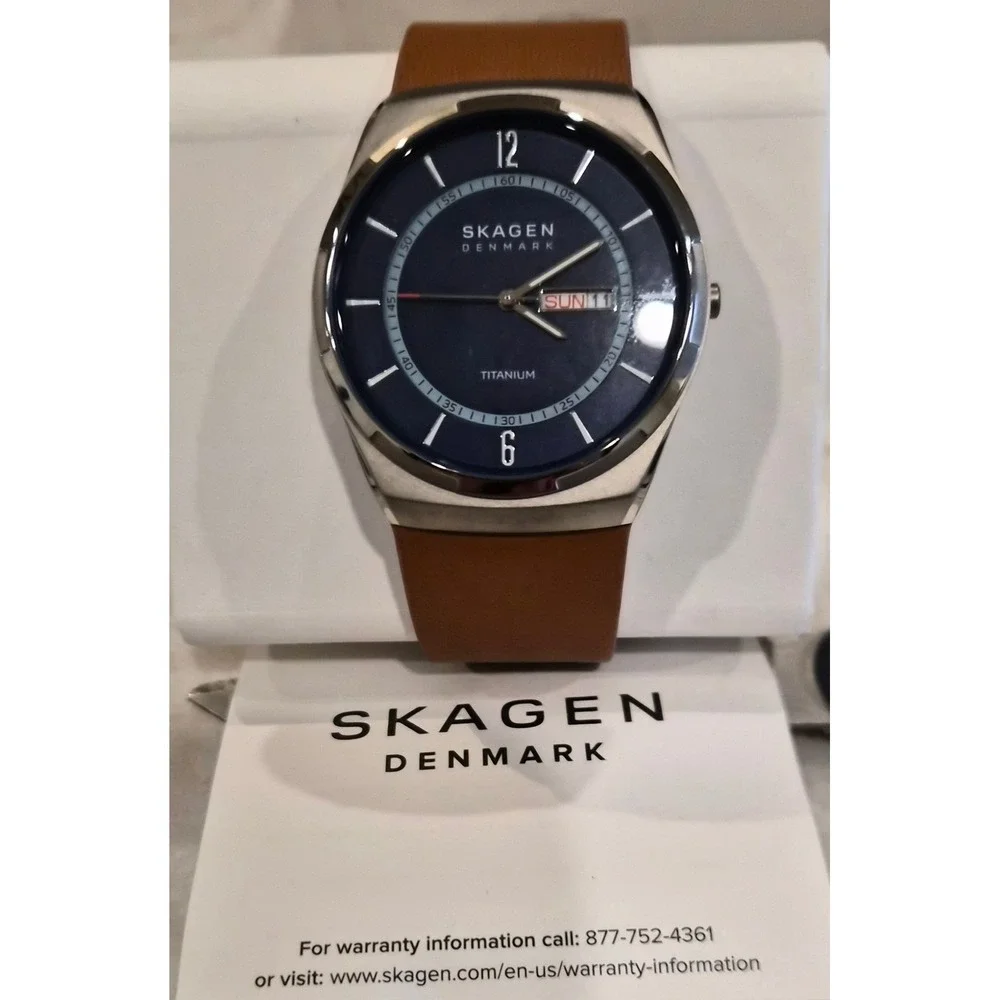 Skagen Melbye Mens Titanium Watch Blue Dial Brown Leather Strap SKW6906 New - Picture 1 of 9